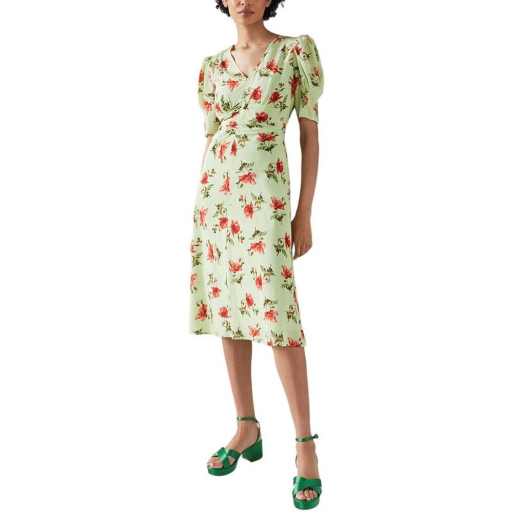 LK Bennett Pale Green Floral Midi Dress with Red Blossoms